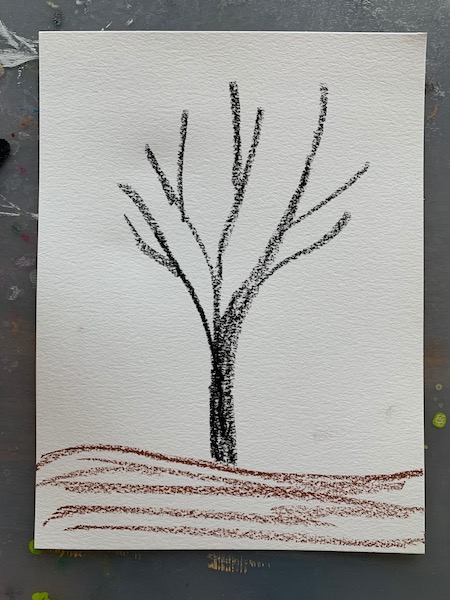 Use oil pastel to draw horizon line and tree