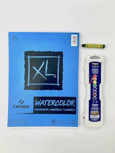 Watercolor and pastel supplies to create an abstract painting project.
