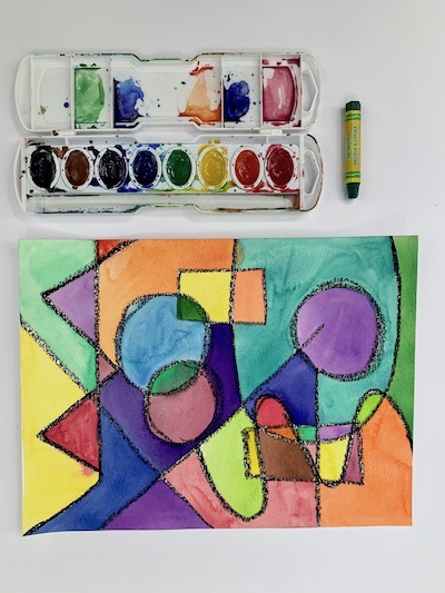 An art project for kids inspired by Wassily Kandinsky using watercolor and pastel to create an abstract painting composition.
