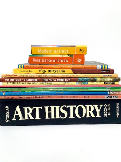 Some of the resources I have at home, including my old Art History textbook!  How to introduce Great Artists Inspired Projects to kids