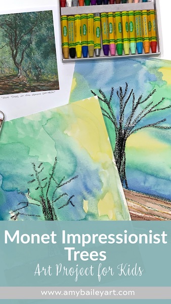 pinnable image for monet art project for kids, impressionist trees.