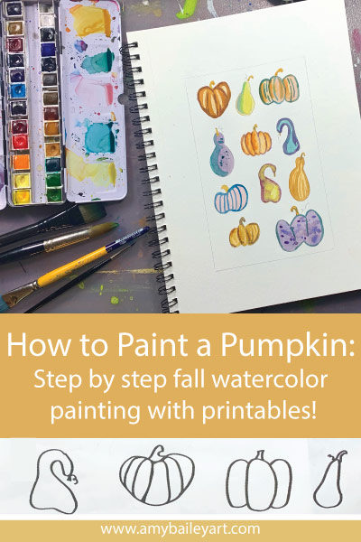 How to Paint a Pumpkin: Step by step fall watercolor painting with printables